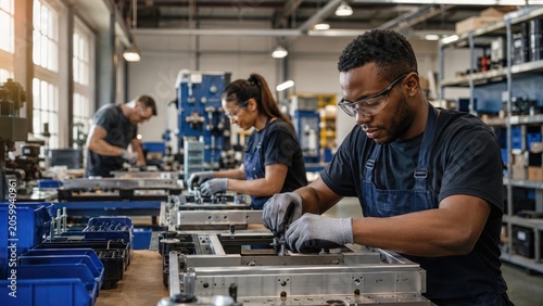 Factory workers assembling metal components on an industrial production line while wearing safety gear