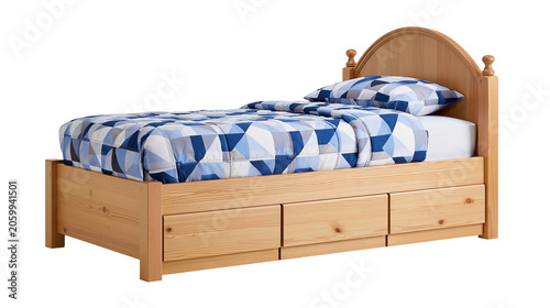 Bild auf Leinwand Wooden single bed with storage drawers and blue geometric bedding