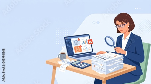 Businesswoman analyzing financial invoices with a magnifying glass at her desk with laptop and calculator