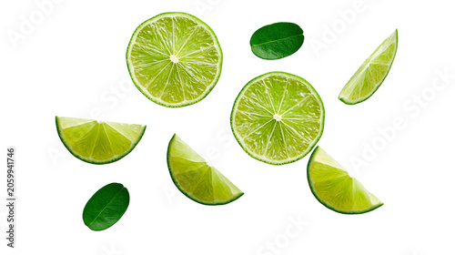 Fotografie Fresh lime slices and leaves