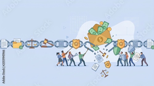 Corporate team collaborating to fix broken chain link protecting financial envelope with money and legal symbols