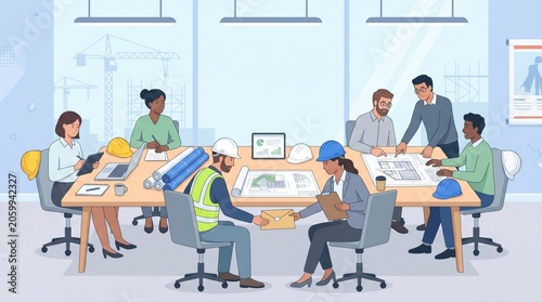 Diverse group of architects and engineers discussing construction plans with blueprints in modern office