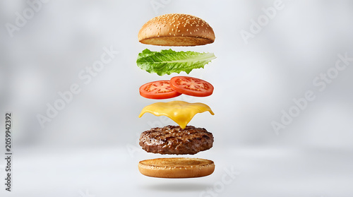Floating Gourmet Burger Ingredients Before Assembly