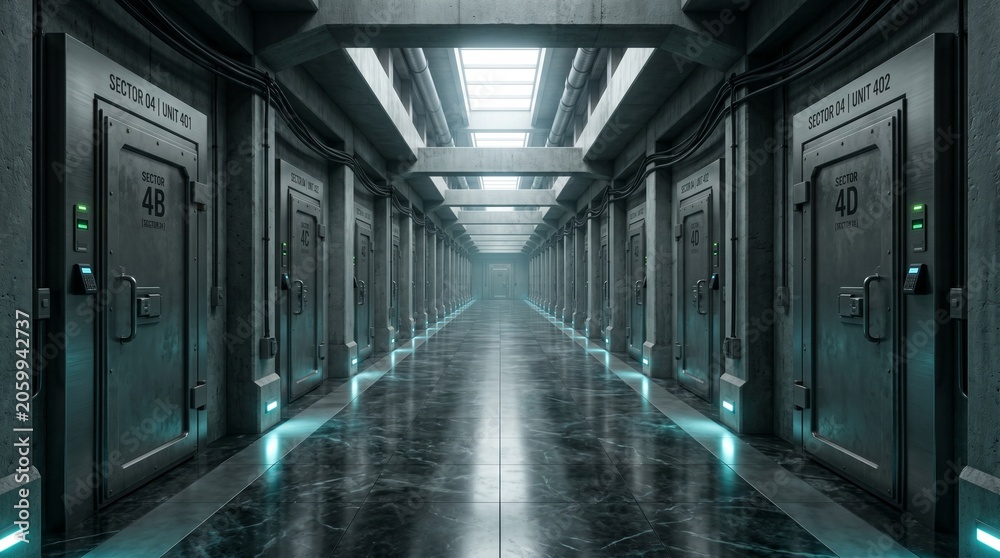 Fototapeta premium Futuristic sci-fi corridor, a long dark metallic spaceship hallway with glowing lights. A mysterious, endless tunnel in a secure facility or bunker, ideal for technology and gaming backgrounds.