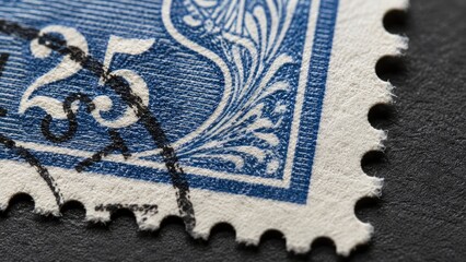 Macro close-up of a blue postage stamp corner showing "25", perforations, ornate engraving and a black cancellation postmark on textured paper