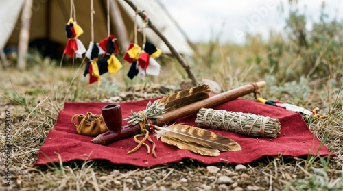 Indigenous Lakota Sacred Pipe Chanupa Ceremony with Eagle Feathered Pipe and Sage Bundle on Red Trade Cloth for Prayer