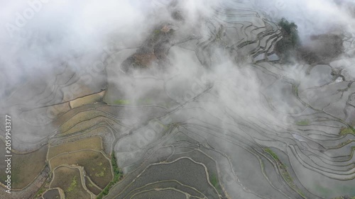 Tilted aerial footage of mist covered rice terraces in Yuanyang, famous rural scenery in China