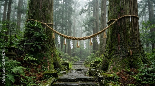 Shinto Shimenawa Sacred Straw Rope with Shide Zigzag Paper Strips Stretched Between Ancient Cedar Trees at Forest Shrine