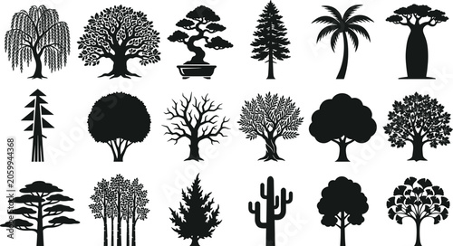 WebTree silhouettes vector icons set featuring various botanical species isolated on a white background