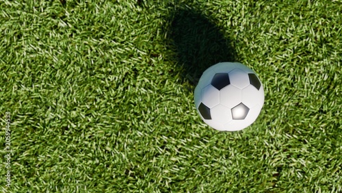Classic soccer ball on green grass of football field.