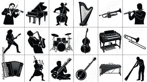WebMusical instruments and musicians silhouettes set featuring classical orchestral and traditional folk players isolated on white