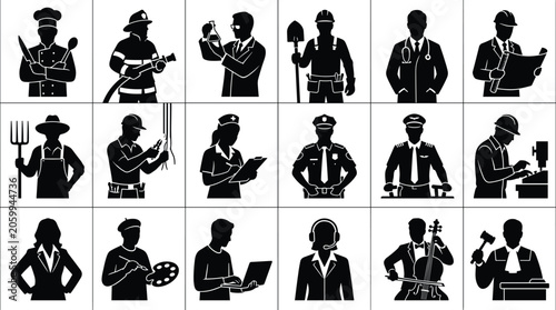 WebProfessional occupations and careers vector avatars set featuring various worker silhouettes isolated on white background