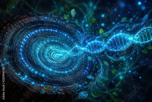 glowing blue DNA helix emerges from the center of a tree stump, symbolizing the connection between genetics and nature.