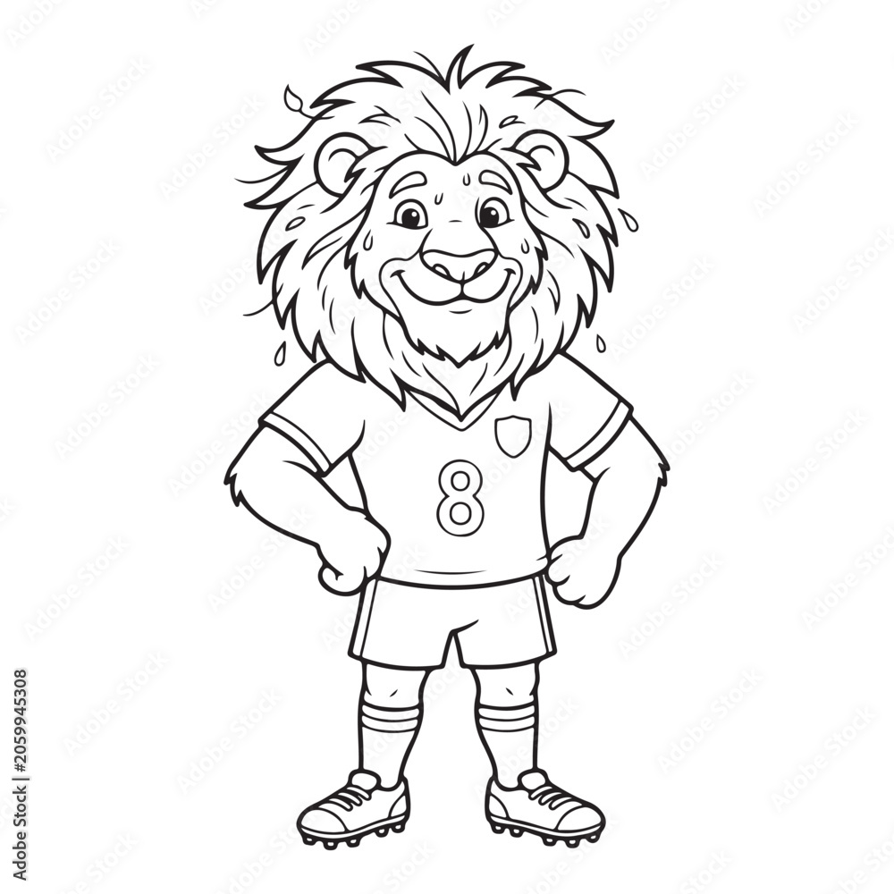 Fototapeta premium Sweating Lion Soccer Mascot Standing After Match Cartoon Outline Illustration