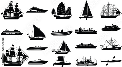 WebBlack silhouette icons of ships and boats collection featuring sailboats yachts cruise ships and historic vessels vector desig