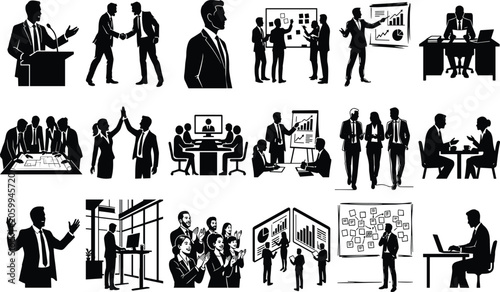 WebBusiness people silhouettes and corporate workflow icons set for presentation design isolated on white background