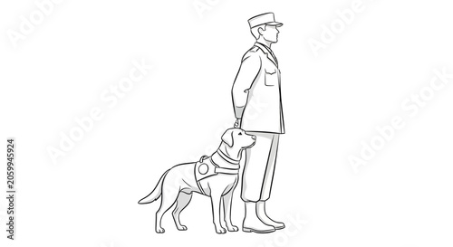 Foto A line art illustration of a military handler standing with a service dog