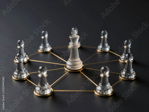 Strategic Planning and Decision Making Concept with Crystal Chess Pieces on Gold Network Path