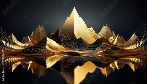 Golden Abstract D Mountain Landscape With Sharp Peaks And Dark Reflective Surface Creating Dramatic Contrast And Luxurious Atmosphere