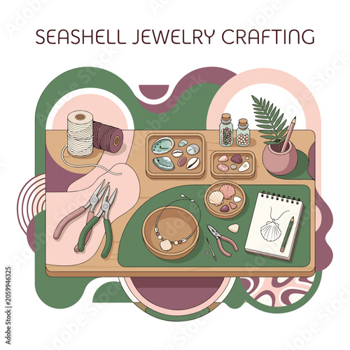 Fotografie Seashell jewelry crafting workspace with tools.