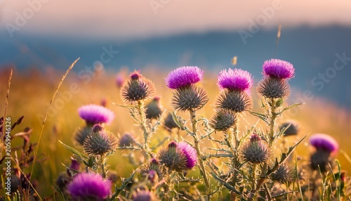 Vibrant Pink Mary Thistle Cardus Marianus Flowers Growing In Wild Field