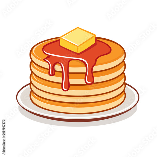 Stack of pancakes with syrup and butter on a plate