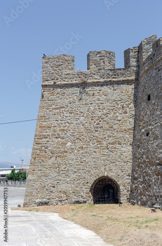 A close-up of a section of the old, historic fortress in the small town of Antirrio (Greece).