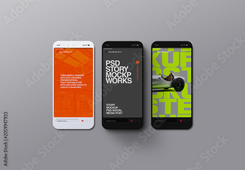 Social Media Story Mockup with Three Isolated Phone Screens