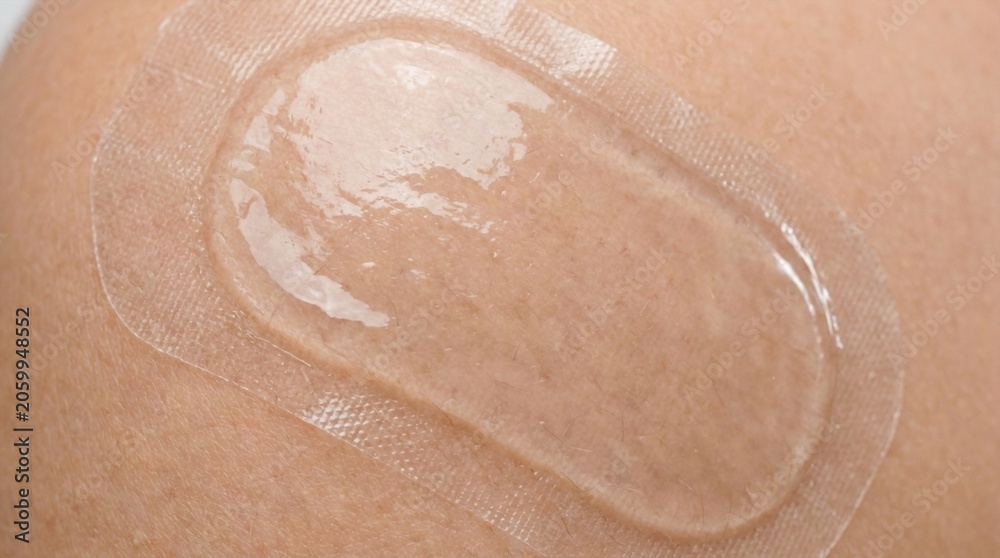 Fototapeta premium Close-up of a medical patch or bandage with a clear gel-like center adhered to human skin, showing texture and detail