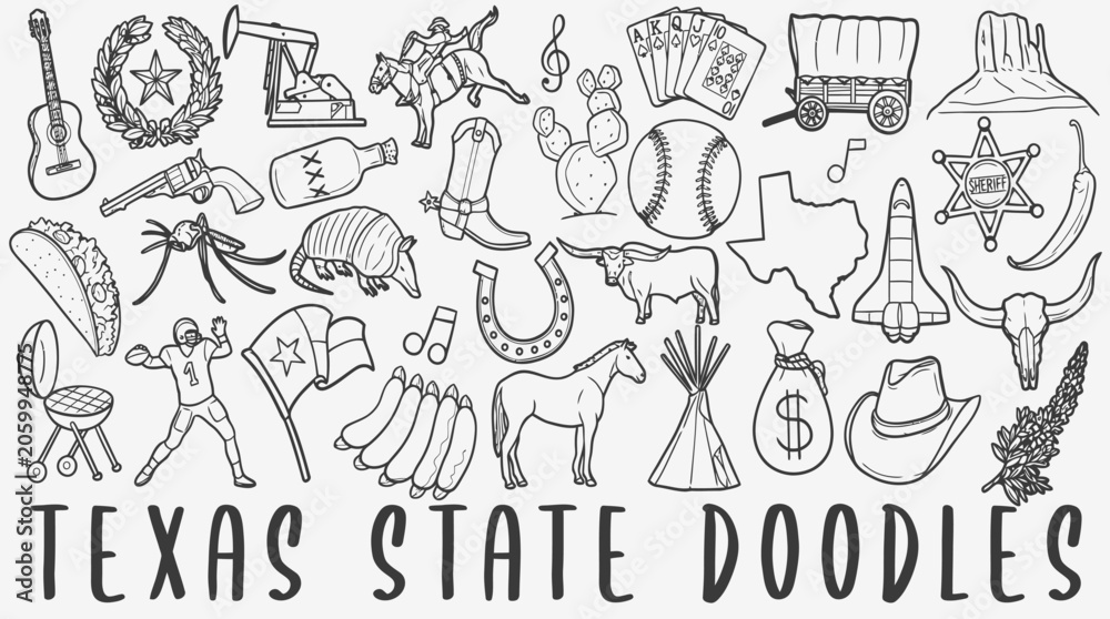 Fototapeta premium Texas doodle illustration featuring cowboy boots, hat, guitar, longhorn skull, sheriff badge, cactus, wagon, and cultural heritage icons