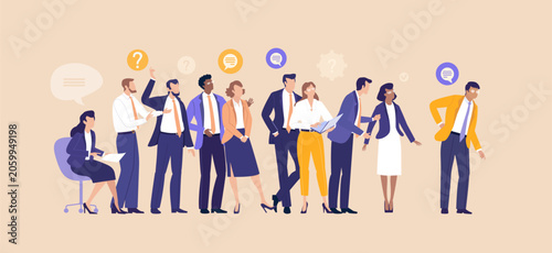 Large group of business professionals looking in one direction, symbolizing shared vision, leadership, ambition, teamwork, strategic focus, and confidence in future business success.
