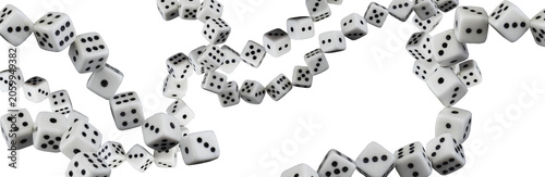 Dice fall in various directions as they scatter  during a game night in a living room setting isolated on transparent background, PNG file