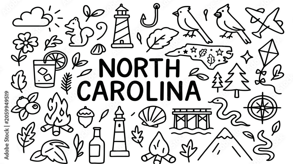 Fototapeta premium North Carolina doodle illustration featuring state outline, lighthouse, wildlife, flowers, campfire, kite, seashells, and cultural outdoor heritage icons