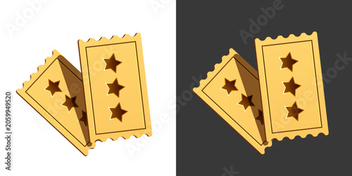 Golden tickets. Theater or movie tickets. Hand-drawn 3d vector icons.