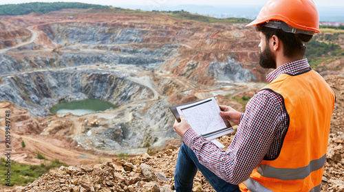 Engineer with tablet survey large open pit mine site outdoor daylight