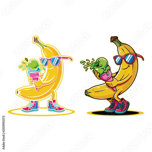 Cartoon Bananas With Ice Cream And Sunglasses fruit