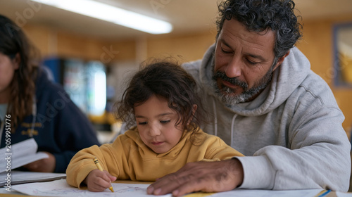An Iraqi father watches his young daughter draw a picture at a table in a family processing area, her crayon moving steadily across the page, a case worker nearby reviewing