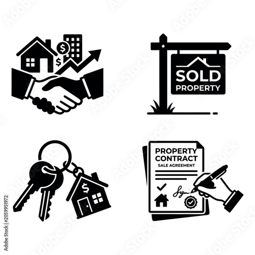 Real estate deal icons with handshake sold sign keys and contract silhouette during a successful property transaction