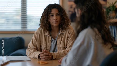 School mental health counselor sits across from a withdrawn teenage student in a calm office with soft indoor lighting, a fidget tool on the desk between them, communicating