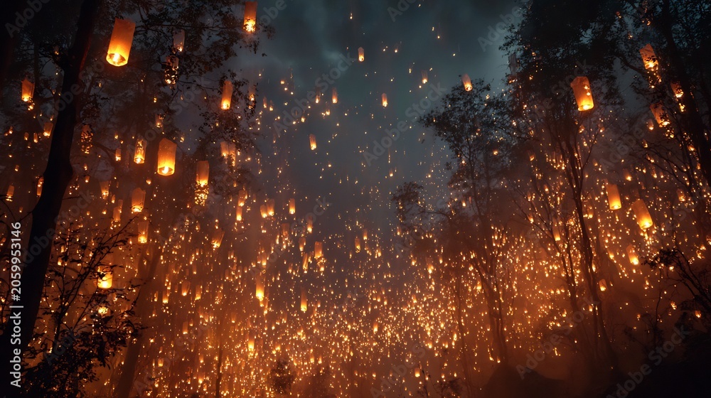 Naklejka premium Glowing sky lanterns in dark forest