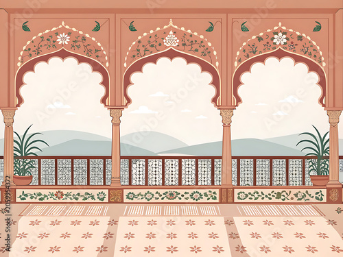 Modern minimal vector artwork of a Rajput palace balcony overlooking the horizon, featuring scalloped arches, decorative jharokha windows, intricate floral borders, muted terracotta and blush tones