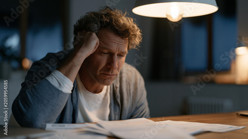 Middle-aged homeowner slumped at a kitchen table beneath harsh overhead bulb, overdue energy bills fanned across the surface, one hand pressed to forehead, windows fogged with