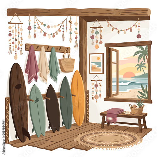 Surfboards in a beach house room.