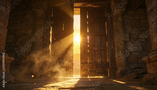 Revealing worn wooden double doors slightly ajar in stone gateway, sunbeams lighting dust motes