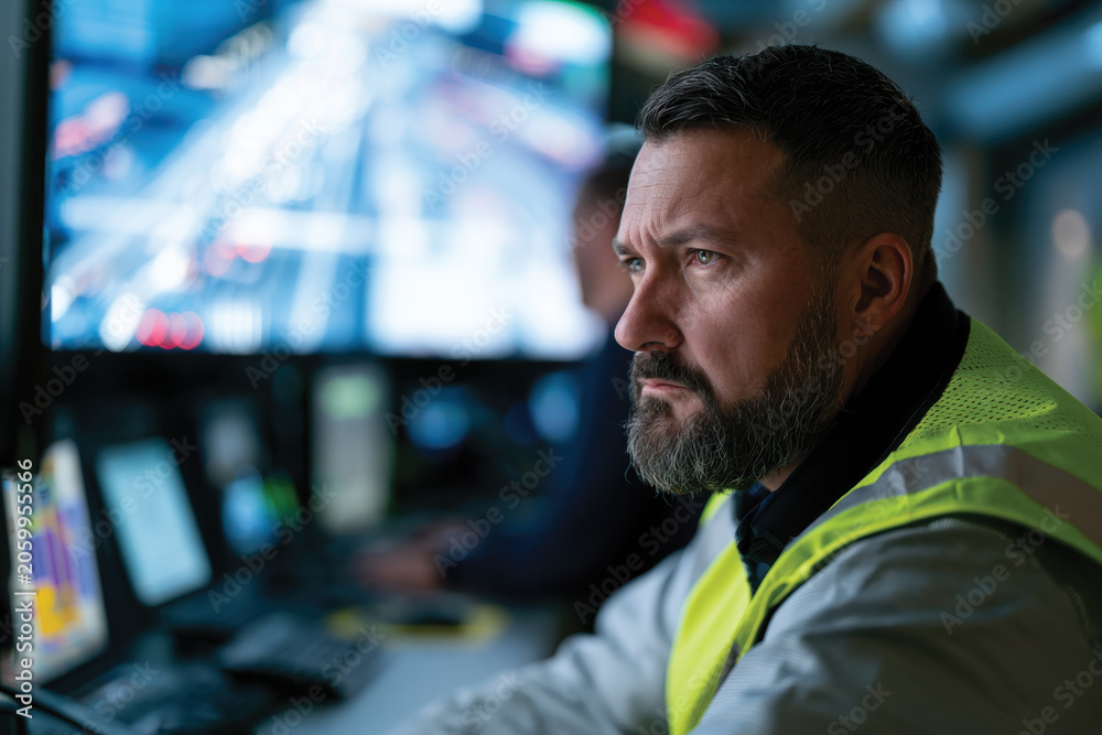 Fototapeta premium A serious-looking man in a high-visibility vest sits in a control room, engaged in monitoring tasks, illustrating the importance of vigilance and responsibility in urban safety management.