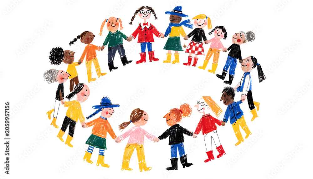 Fototapeta premium Children holding hands in a circle illustration, diverse kids friendship concept
