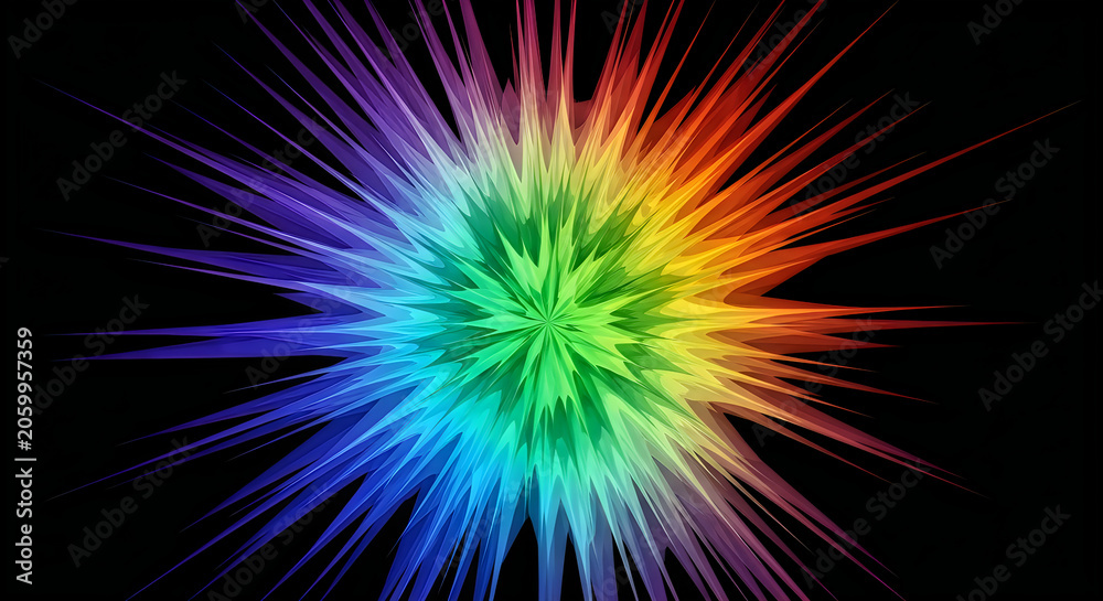 Fototapeta premium Vibrant Rainbow Starburst Graphic on Solid Black Background