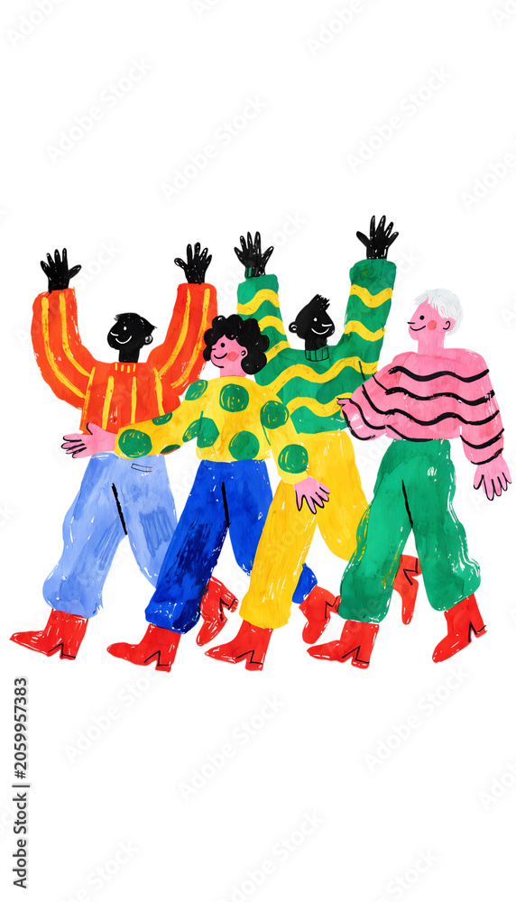 Fototapeta premium Diverse group of happy people celebrating together walking forward with raised hands, whimsical watercolor naive folk art style illustration isolated on white background