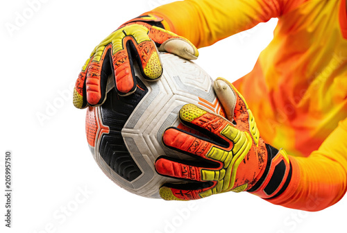 Foto Soccer goalkeeper hands securely catching a football