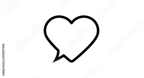 Minimalist black outline of a heart shaped speech bubble is isolated on a white background for simple and clear communication.
